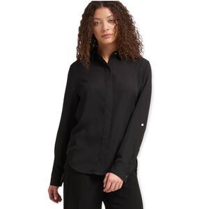 DKNY Black Long Sleeve Roll Up Cuffed Sleeve Casual Button Down Shirt Top Blouse